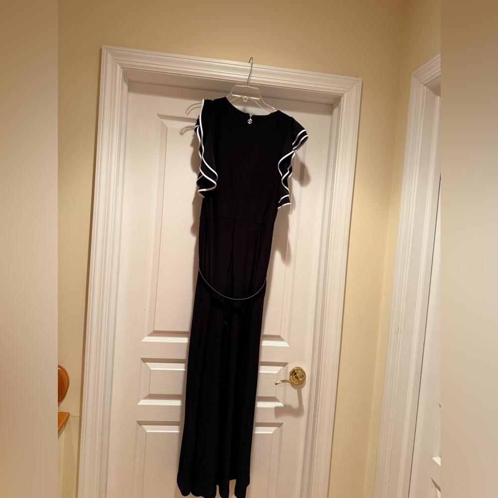 Elegant Black and White Wide Leg Belted Romper with pockets